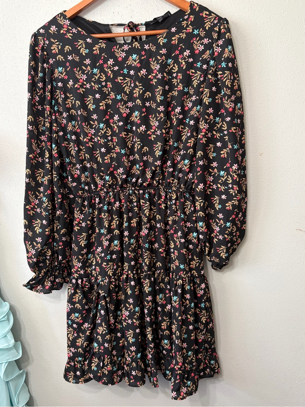 Aqua Black Floral Long-Sleeve Tiered Dress